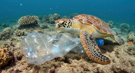Sea Turtle Entangled in Plastic Pollution on Coral Reef