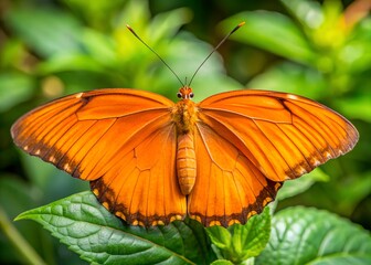 Fototapeta premium Golden-winged Beauty: This stunning capture showcases the exquisite details of an orange butterfly as it gracefully rests on a verdant leaf, offering a glimpse into the wonders of nature's artistry.