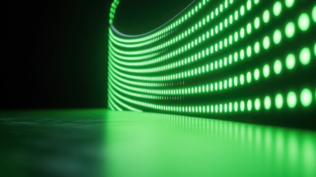 Digital binary code on curved led display with green light patterns for tech background