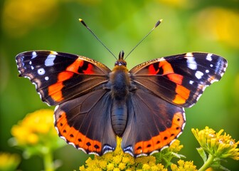 Naklejka premium Red Admiral Butterfly in Bloom: A vibrant red admiral butterfly, with its striking red and black patterned wings, rests delicately on a cluster of yellow flowers.