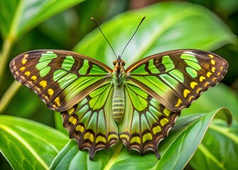 Emerald Wings: A stunning macro shot of a butterfly, its intricate wing patterns in vibrant green and brown. The butterfly perches gracefully on lush green leaves. 