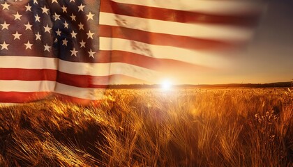 USA Flag Waving in the Wind at Sunrise Over Mature Field