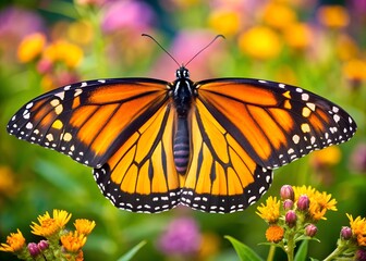Fototapeta premium Monarch Butterfly in Garden: A breathtaking monarch butterfly displays its striking orange and black patterned wings amidst a vibrant, flower-filled garden.