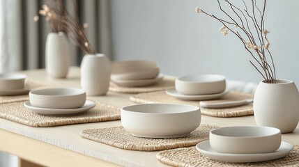 A muted color palette table setting featuring sand-colored dishes, woven placemats, and minimalist design elements