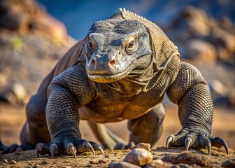 Fototapeta premium Komodo Dragon: A close-up view of a formidable Komodo dragon, showcasing its scaly skin, powerful legs, and intense gaze.