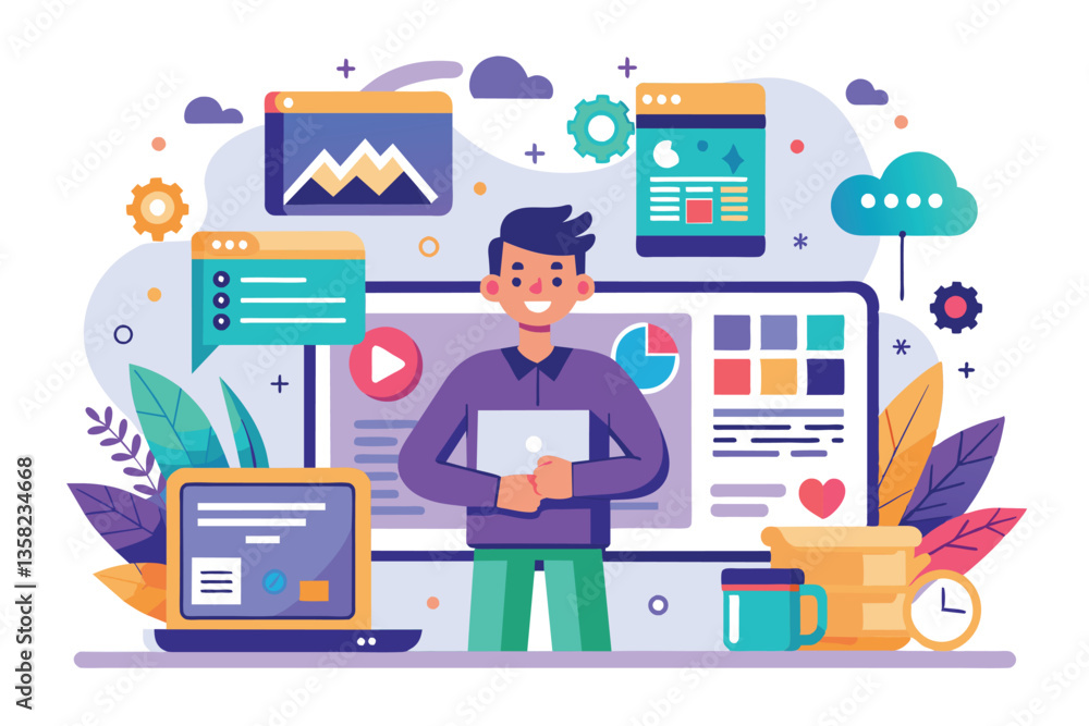 Poster a website creator engages with various digital tools and graphics in a vibrant, customizable workspa