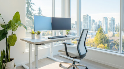 Fototapeta premium Modern home office with standing desk and panoramic city view