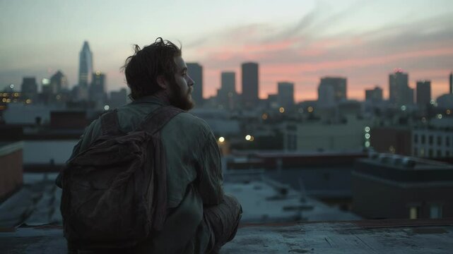 A rooftop scene overlooking the city where a small group of survivors armed with makeshift weapons peers over the edge at the relentless wave of zombies flooding the streets below their
