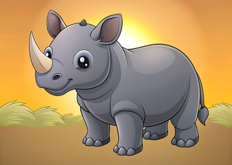 Fototapeta premium Cute Rhino at Sunset: Captivating illustration of a cheerful rhinoceros standing under a vibrant, golden sunset, blending the animal's endearing qualities with a beautiful landscape.