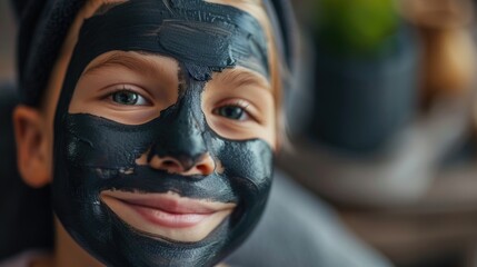 Fototapeta premium Cheerful scene: happy child with a lotion face mask embraces skincare, symbolizing the natural kid's cosmetics concept, softness, and nourishment, highlighting purity, self-care, playful relaxation.
