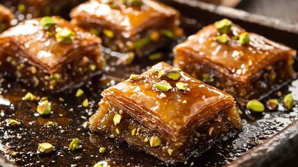 Jade green pistachio baklava greyscale Turkish dessert shop syrup drizzle