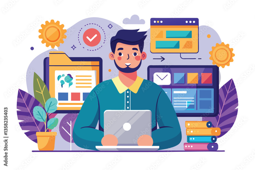 Poster a web designer works on a laptop, surrounded by colorful graphics and design elements in a bright se