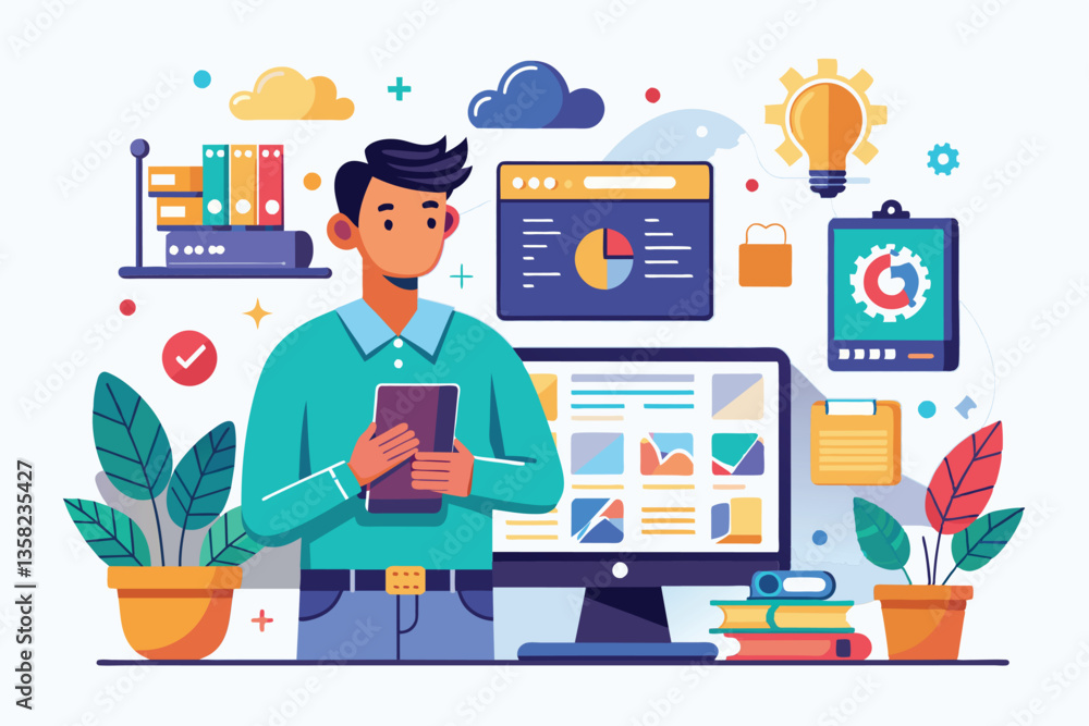Poster a website designer holds a tablet while creating a flat layout in a colorful workspace filled with p