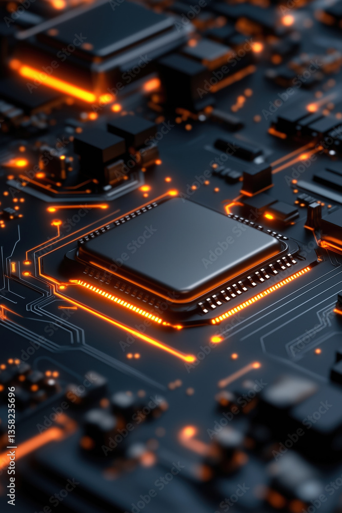 Poster close view of a modern microchip with glowing circuitry in a dark background