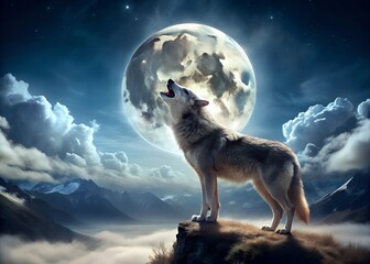 A Wolf's Serenade under the Moon: A lone wolf stands majestically atop a rugged peak, bathed in the ethereal glow of the moon, captured in an illustration of nature's mystery.
