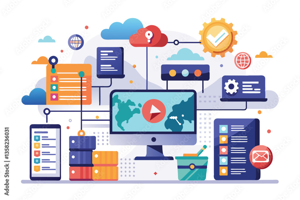 Poster a computer displays analytics data with various digital marketing icons surrounding it, showcasing c