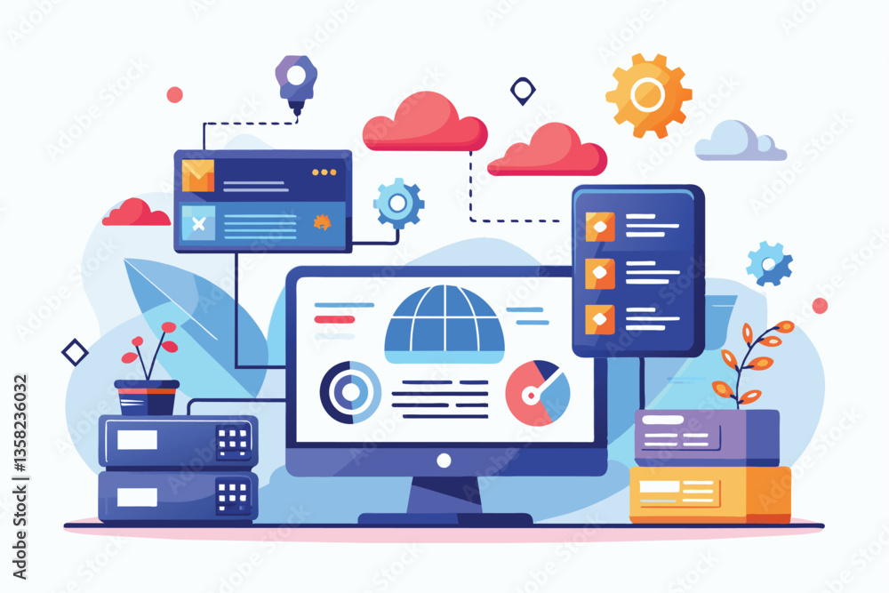 Poster an illustration showing web hosting services with servers, data visualization, and automated tasks i