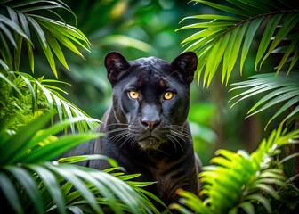 Majestic Gaze: A captivating black panther with piercing eyes, its sleek, dark coat contrasting with the vibrant, lush greenery of the surrounding jungle. It exudes an aura of mystery and power