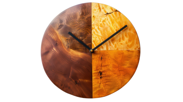 Wooden clock with transparent background showing different types of wood