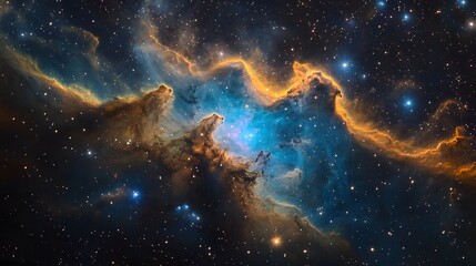 Obraz premium Detailed deep-space photograph of an emission nebula featuring vast pillars of cosmic gas and dust in contrasting shades of gold, blue, and brown, set against a star-filled background.