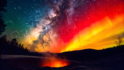 Obraz premium breathtaking cosmic portal opens in sky, revealing vibrant display of colors as Milky Way and auroras dance above geothermal feature