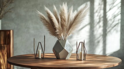 A round wooden dining table adorned with a geometric ceramic vase holding pampas grass and angular metal candle holders