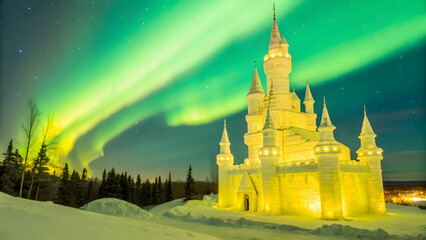 Naklejka premium stunning ice castle illuminated under northern lights, surrounded by snow covered trees, creating magical winter scene