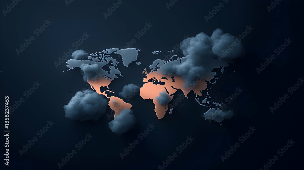 Aufkleber 3d render of world map emerging from clouds, dark background