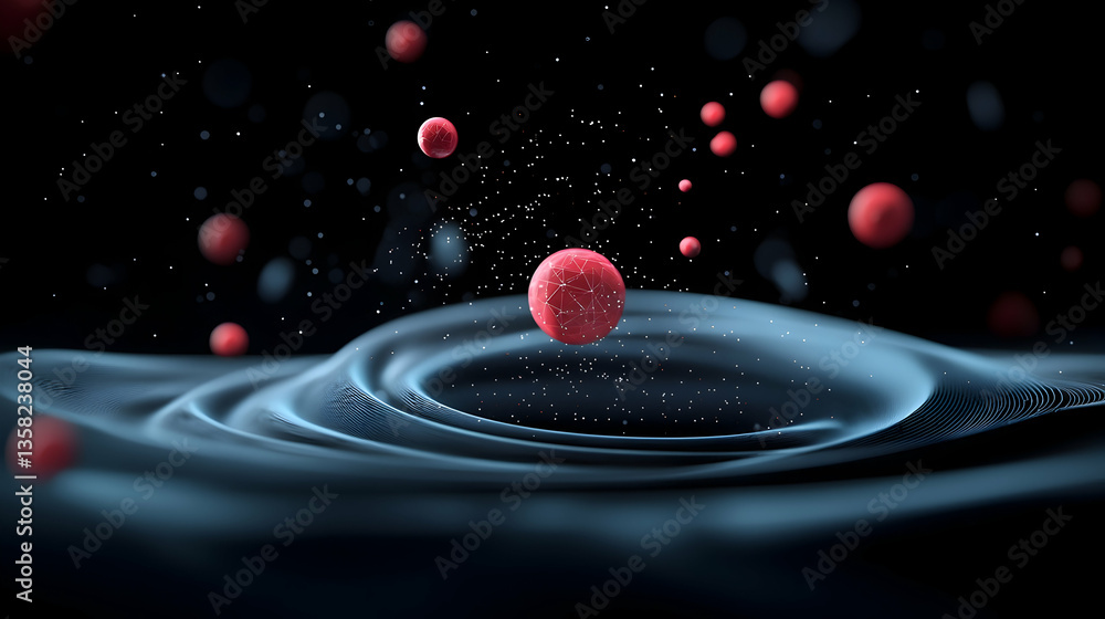 Poster abstract 3d rendering of red particles falling into dark blue liquid