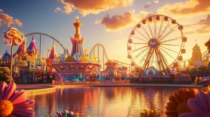 A breathtaking visual of sunset casting shadows over rides.