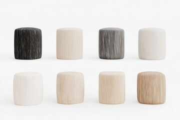 Collection of  cylindrical,  wooden-textured  display  objects in various shades