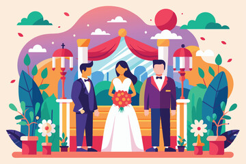 Obraz premium A bride stands with a groom and best man, surrounded by colorful flowers and decorations in a garden, Wedding Customizable Flat Illustration