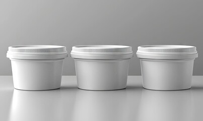 Three identical white plastic containers with lids, arranged in a row on a reflective surface against a neutral background