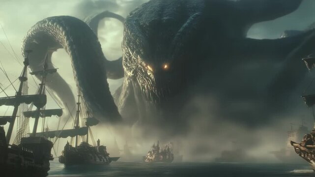 Massive kraken rising through dense maritime fog, attacking wooden galleons with overwhelming tentacles during epic naval confrontation, symbolizing mythical maritime terror
