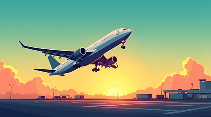 Stylized digital illustration of a commercial airplane taking off from an airport runway, symbolizing travel and logistics