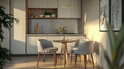 A small but elegant kitchen-dining setup with a compact island, a two-seater dining table, and minimalist decor