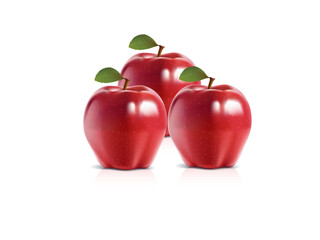 three fresh red apples with green leaves