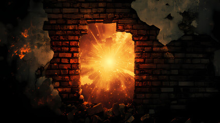 A celestial spectacle bursts through a crumbling brick wall, illuminating the darkness with a radiant glow. Radiant Darkness. Illustration