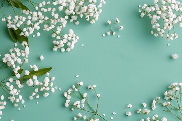 
Happy Birthday card design on a green background with white flowers and leaves, in a simple style, minimalist, elegant font, minimalistic typography, minimal graphic design, green tones