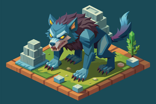 A detailed werewolf stands ready in a vibrant, isometric fantasy landscape filled with mystical elements, Werewolf Customizable Isometric Illustration