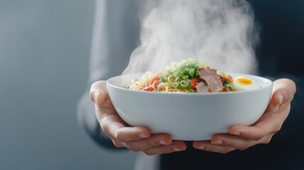 Steaming ramen delight: close-up of hands holding a bowl of hot noodle soup