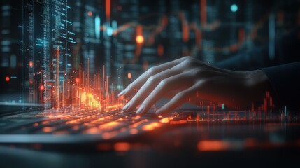 A hand types on a glowing keyboard, surrounded by digital data visualizations and city lights.  A futuristic scene depicting high-tech data processing