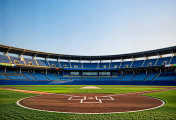 Obraz premium Empty baseball stadium with home plate and blue seats, AI generated