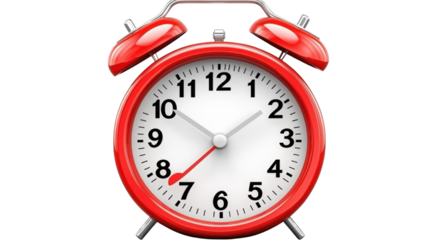 Classic Red Alarm Clock Indicating Time with Hands on White Dial and Black Numbers