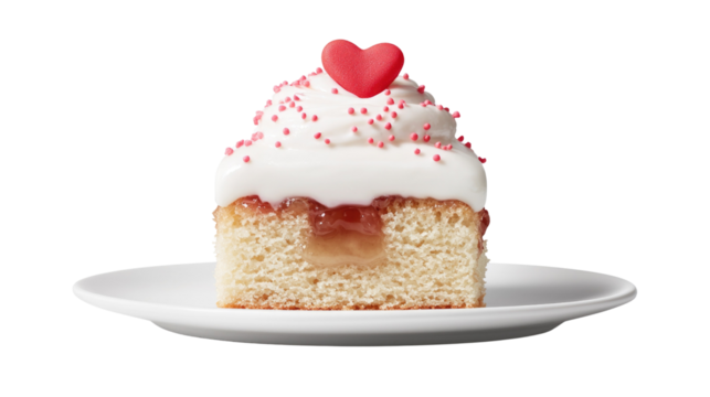 Delicious Heart-Shaped Cake Slice with Sprinkles and Whipped Cream Topping on White Plate