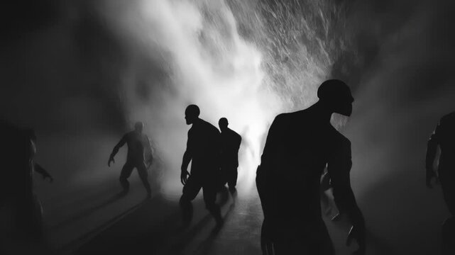 Surrounded by a turbulent storm a dimensional rift pulsates with dark energy pouring forth a legion of shadowy figures their forms shifting and merging as they materialize with eerie