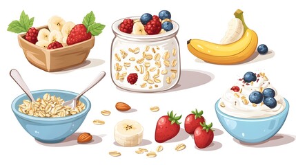 Nutritious Breakfast Set with Oatmeal, Granola, Porridge, and Fresh Banana