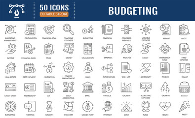 Budgeting line editable icons set. Containing money,  budget, savings, loan, cash, earning, income, wallet, revenue, bank, profit, and more. Vector Illustration