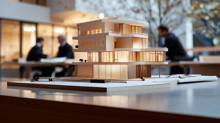 Architectural Design Concept Depicting Scale Model with Drafting Tools in Studio Environment, Symbolizing Innovation and Planning
