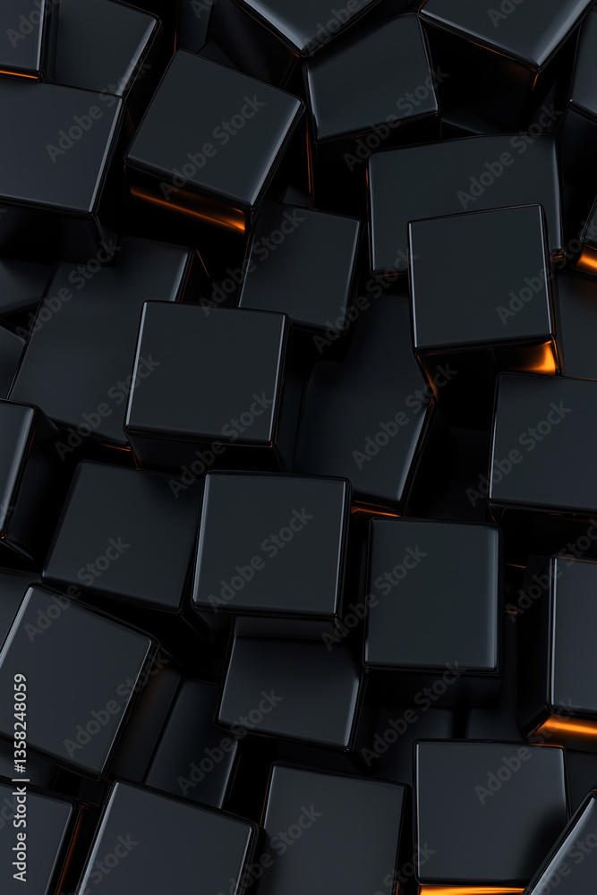 Poster black cubes with glowing orange highlights form an abstract texture in the background